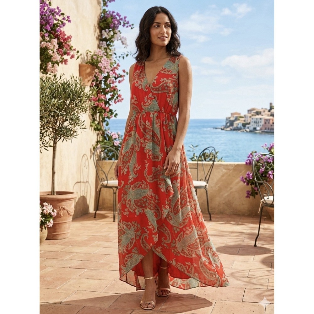 Kut From The Kloth Maxi Dress Womens Large Orange Boho Sleeveless Flowy NWT